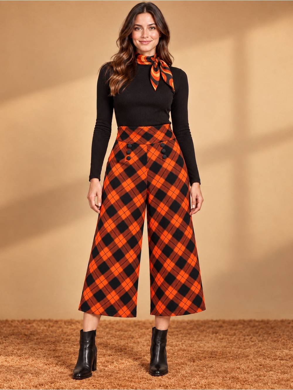 Vintage 70s Orange Black Plaid Cropped Wide Leg Culotte Pants